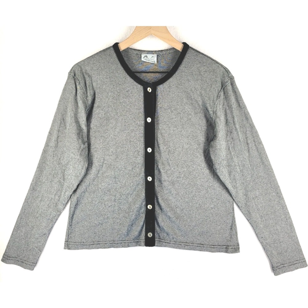 Vintage 80s Face2Face Cardigan Womens L Metallic Micro Stripe‎ Velvet Trim USA